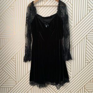 Velvet lace sleeves Sweetheart neckline moon charm  Whimsigoth mini dress XXL